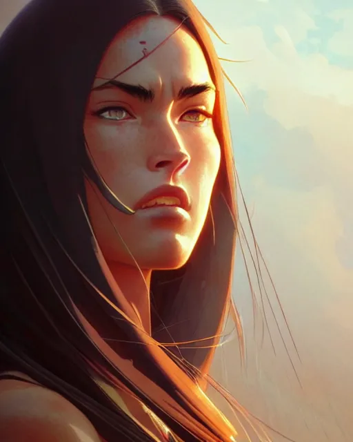 Image similar to azctec warrior, megan fox, detailed perfect face, exquisite details, fire magic, mid view, design on a white background, by studio muti, greg rutkowski makoto shinkai takashi takeuchi studio ghibli