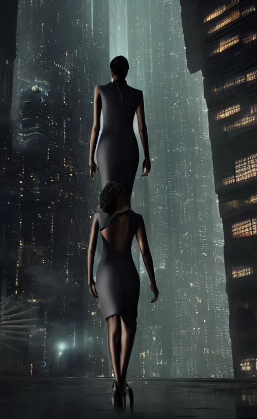 Prompt: an elegant Black woman in dress and heels, her back is to us, looking at a futuristic Blade Runner city, 8K