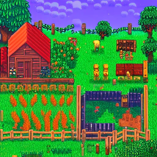 Image similar to the perfect farm in stardew valley, detailed, trending, digital art on artstation