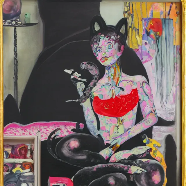 Image similar to a portrait in a female artist's zen bedroom, black walls, catgirl eating berries, sheet music, surgical supplies, pancakes, black flowers, sensual, octopus, neo - expressionism, surrealism, acrylic and spray paint and oilstick on canvas