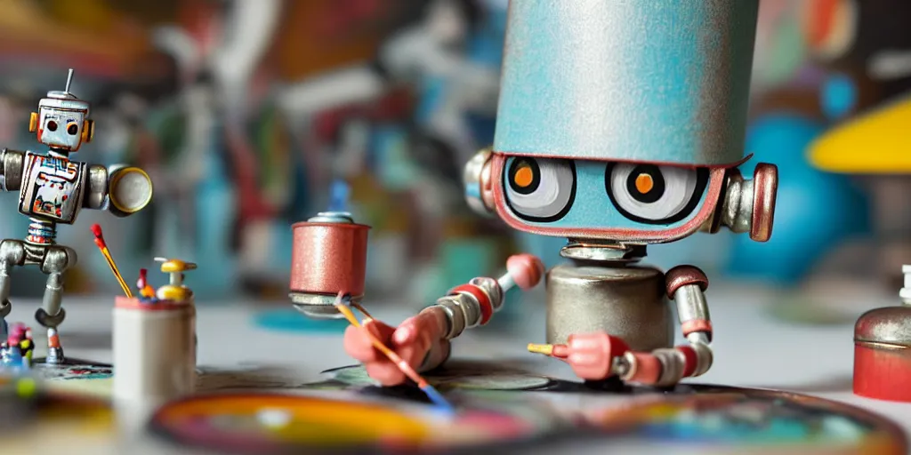 Image similar to closeup portrait of tin toy retro robot painter mixing gouache on white paper table in an artist workshop, depth of field, zeiss lens, detailed, centered, fashion photoshoot, by nicoletta ceccoli, mark ryden, lostfish, breathtaking, 8 k resolution, extremely detailed, beautiful, establishing shot, artistic, hyperrealistic, octane render