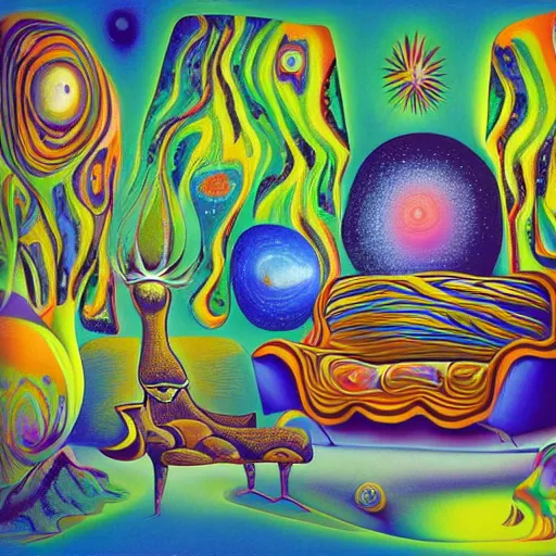 Image similar to psychedelic trippy couch in forest, planets, milky way, sofa, cartoon by salvador dali