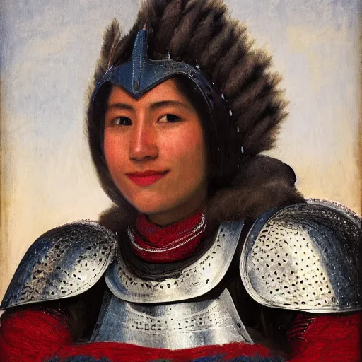 Prompt: head and shoulders portrait of a female knight, quechua!, lorica segmentata, cuirass, tonalist, symbolist, realistic,, baroque, contre - jour, detailed, modeled lighting, vignetting, indigo and venetian red, angular, smiling, eagle