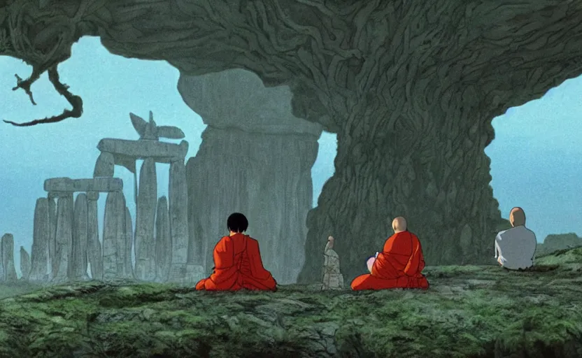 Prompt: movie still from princess mononoke ( 1 9 9 7 ) showing a highly detailed landscape with two monks in lotus position with stonehenge in the background 1 9 8 0 s science fiction, 1 9 7 0 s science fiction, cyberpunk, moody, misty, depth perception, 4 k, artstation