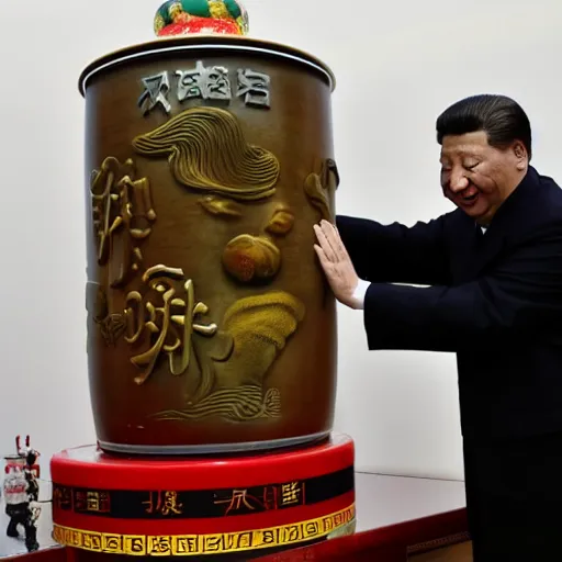 Prompt: A high quality photograph Xi Jinping sticking his hand in a honey jar, 85mm