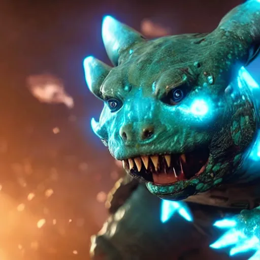 Prompt: Venusaur in gears of war, splash art, movie still, detailed face, photorealistic facial features, cinematic lighting, dramatic, octane render, long lens, shallow depth of field, bokeh, anamorphic lens flare, 8k, hyper detailed, 35mm film grain