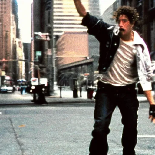 Image similar to zack de la rocha dancing in new york film still from fight club