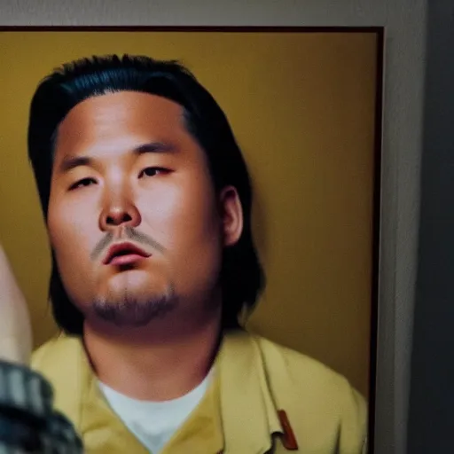 Image similar to hyperralism pineapple express movie still photography of hyperrealism detailed north korean kim chen with detailed face smoking weed in basement bedroom