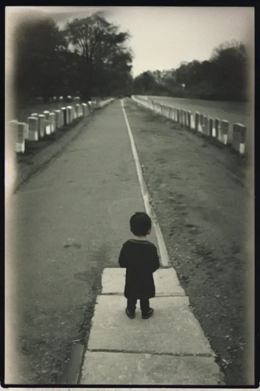 Image similar to photo polaroid of sad and lonely child in the middle of the street, in front of him is a cemetery graves, loneliness, black and white ,photorealistic, 35mm film,