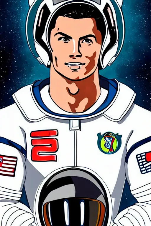 Image similar to portrait of cristiano ronaldo with astronaut armor and helmet, majestic, solemn, by ghibli style