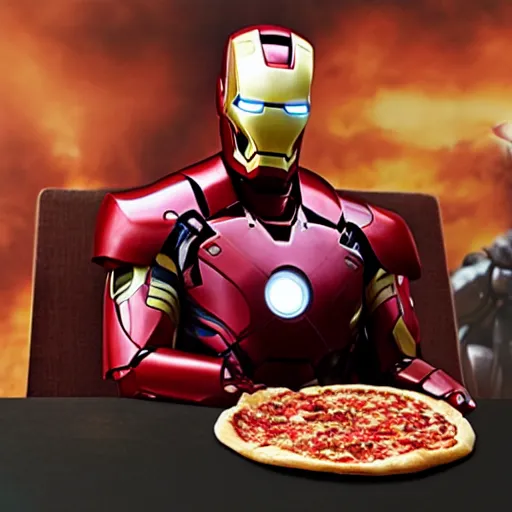 Prompt: iron man eating pizza