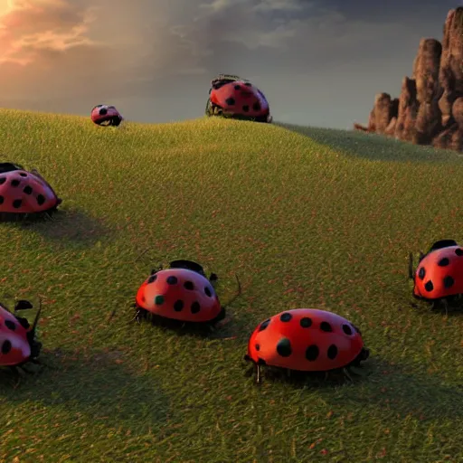 Prompt: promotional movie still, ladybugs, ladybug hybrids, ladybug hobbits, ladybug robots, space western, the fellowship of the ring ( film ), 3 d render