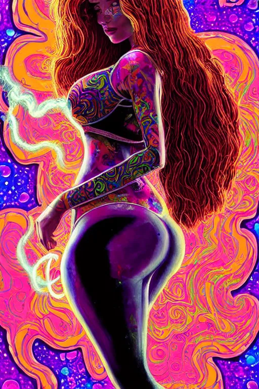 Prompt: a psychedelic detailed gorgeous acid trip painting of an extremely attractive superhero female character wearing a tight-fitting tan detective jacket, detective had on her head, beautiful [[[long red hair]]] in loose curls, slender woman, very curvy, noir, smoking a fancy long french cigarette, in the rain in the early evening, cinematic, dramatic lighting, full body view, cool pose, artwork by Artgerm, Rutkowski, Dale Keown and Van Sciver, featured on artstation, cgsociety, behance hd