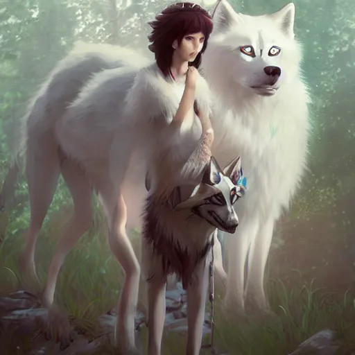 Prompt: Princess Mononoke and Moro the white wolf, portrait by loish and WLOP, octane render, dark fantasy, trending on ArtStation