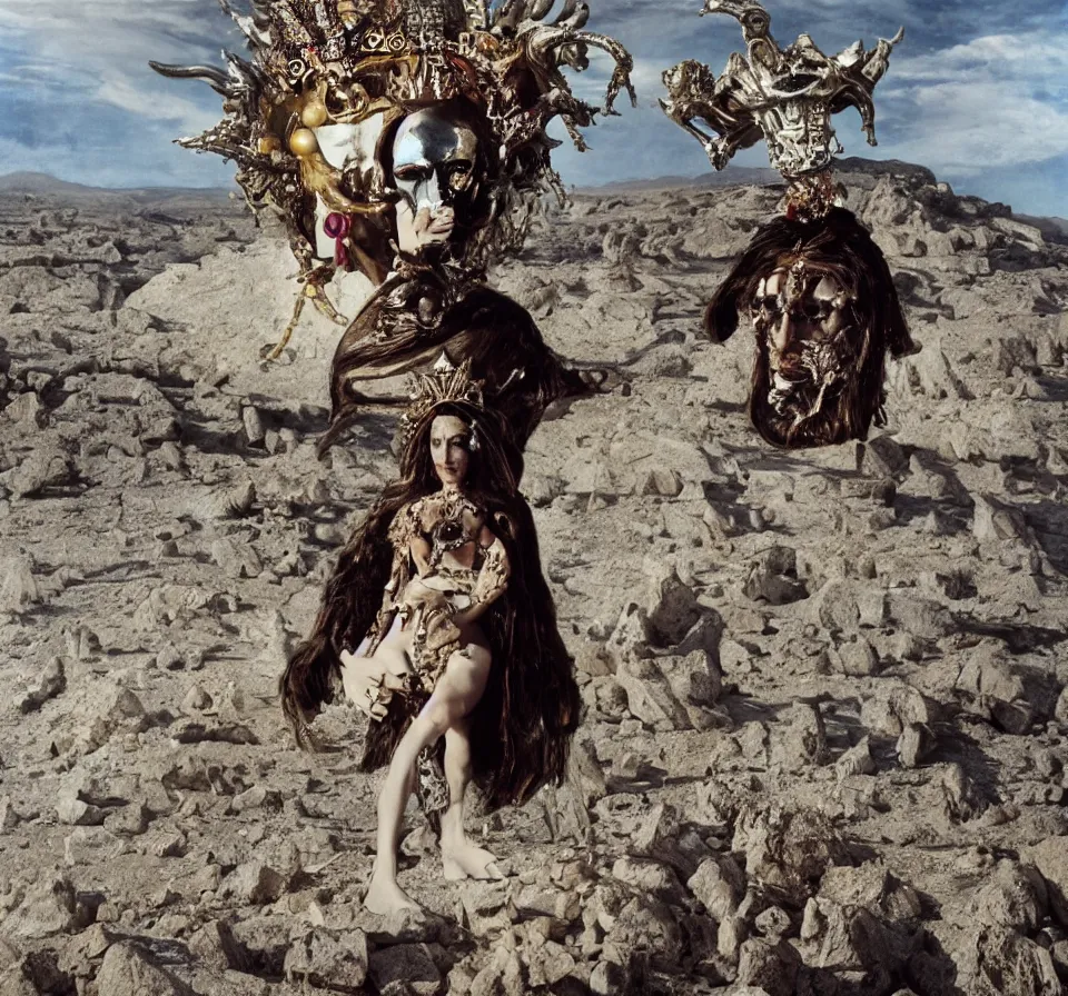 Image similar to portrait of salvador dali wearing a crown and costume with jewels in a dry rocky desert landscape, visible sky and sunny atmosphere, alien spaceship by giger, film still from the movie by alejandro jodorowsky with cinematogrophy of christopher doyle and art direction by hans giger, anamorphic lens, kodakchrome, very detailed photo, 8 k