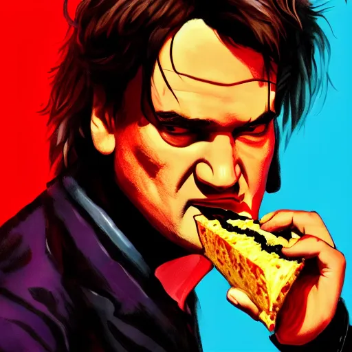 Prompt: pulp portrait colorful of quentin tarantino eating a slice of pizza, illustration, artstation