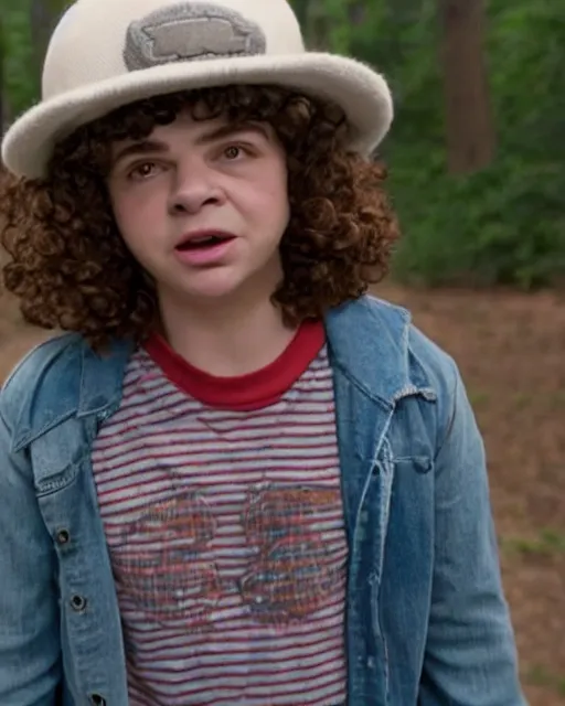 Image similar to a still of dustin henderson gaten matarazzo wearing a cap as a muppet in stranger things. highly detailed felt. hyper real photo. 4 k.