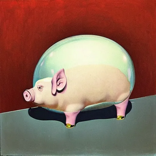 Image similar to “a portrait in an art student’s apartment, a feminine pig in a bubble bath, pork, ikebana white flowers, white wax, squashed berries, acrylic and spray paint and oilstick on canvas, by munch and Dali”