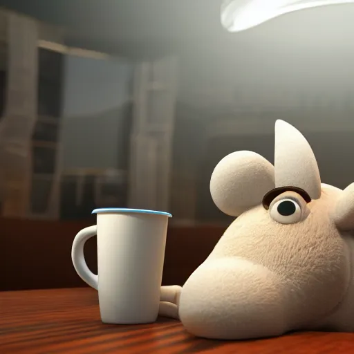 Prompt: cute furry cow character with a cup of coffee on top of his head, 3d render by Pixar, raytracing, 4k, dynamic lighting