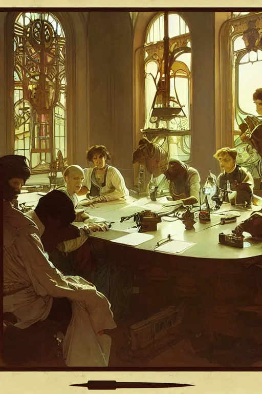 Image similar to 5 men writing code on laptops around a table, alphonse mucha, james gurney, greg rutkowski