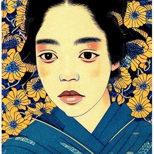 Image similar to “ tessa thompson portrait by ikenaga yasunari and ayana otake and ko rakusui, 6 0 s poster, drawing, realistic, sharp focus, japanese, dreamy, nostalgia, faded, golden hues, floral clothes, porcelain skin ”