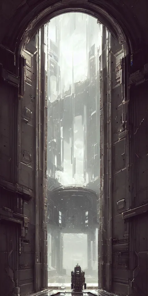 Prompt: hyper realistic ornate sci - fi double door by maciej kuciara, darek zabrocki