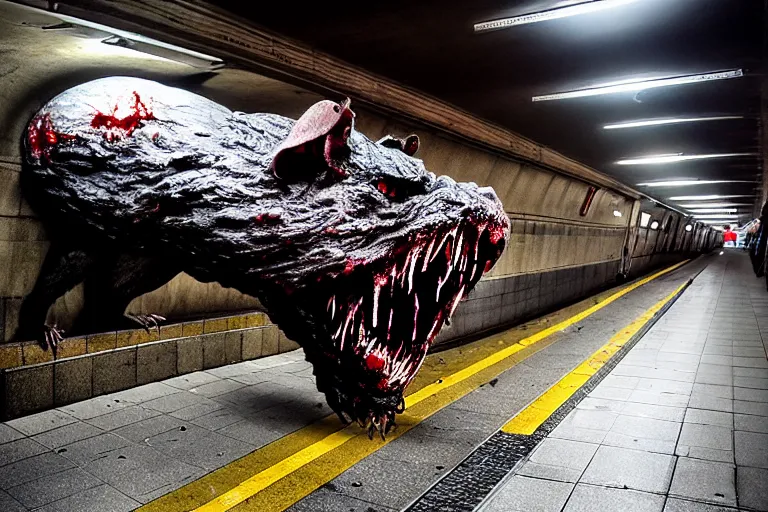 Image similar to very large giant mutant zombie irradiated ( angry rat ) staying on railways in tonnel of moscow subway. tonnel, railways, giant angry rat, furr, fangs, very realistic. extreme long shot, rusty colors, anish kapoor, herman nitsch, giger.