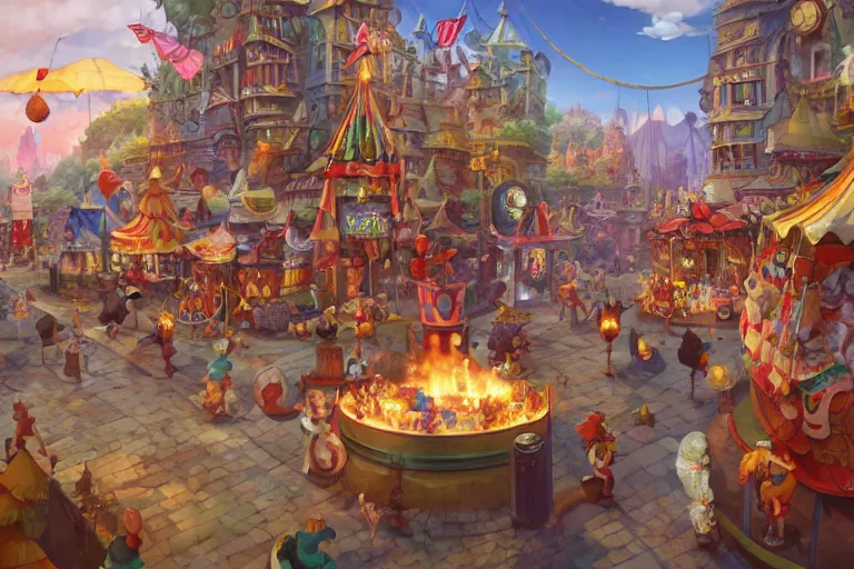 Prompt: circus cozy fantasy village street view by artgerm and Craig Mullins, James Jean, Andrey Ryabovichev, Mark Simonetti and Peter Morbacher 16k