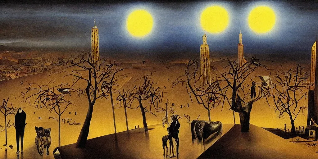 Image similar to love and fear in tehran skyline in a winter night, a full moon in the sky, surreal painting by salvador dali,