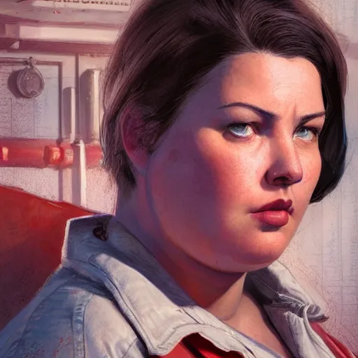 Image similar to portrait of a brunette chubby woman with blue eyes in fallout 4, light stubble with red shirt inside victorian mansion praying to god ,digital art,photorealistoc,art by greg rutkowski,hyperdetailed,western comic style,comic,comic style,sharp lineart,professional lighting,deviantart,artstation,trevor henderson,rossdtaws,cinematic,dramatic