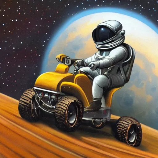 Prompt: painting of monkey wearing a space helmet riding an atv on the moon, jim burns style