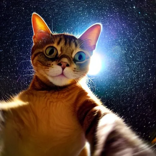Prompt: a brown cat in a space suit taking a selfie with earth in the background, fisheye lens