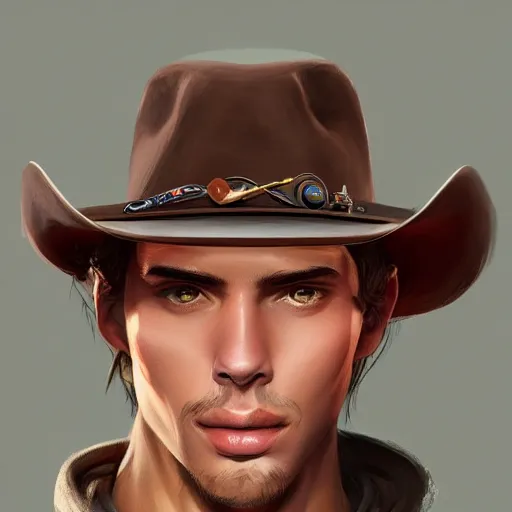 Prompt: a portrait of a teenager with an American cowboy hat, D&D, sci-fi, elegant, hopeful, muscular, highly detailed, digital painting, artstation, concept art, smooth, sharp focus, illustration