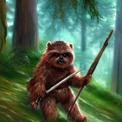 Image similar to adventurous ewok hiking up hills through the tall wooded forest, artstation, colorful