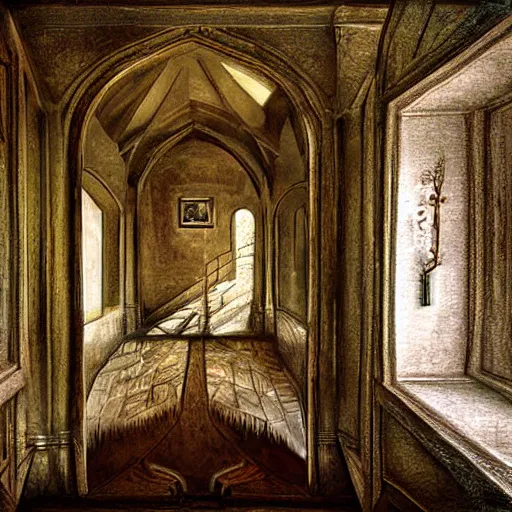 Image similar to castle interior with a magical mirror floating around, digital art