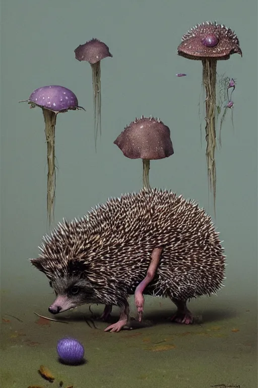 Prompt: hedgehog with purple needles hides under fly agaric from the rain by wayne barlowe, greg rutkowski, rembrandt, detailed, stunning, realistic skin color