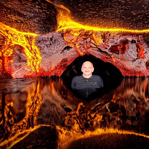 Image similar to head of walter whitr emerges from a lava lake, cave background, high detail, lava reflections, cave reflecting in the lava lake, dramatic shot