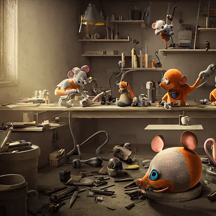 Image similar to gritty crew of workers building mouse head in small workshop, octane render, 4 k ultra hd, hyper - detailed, realistic, sharp focus, in style of beeple