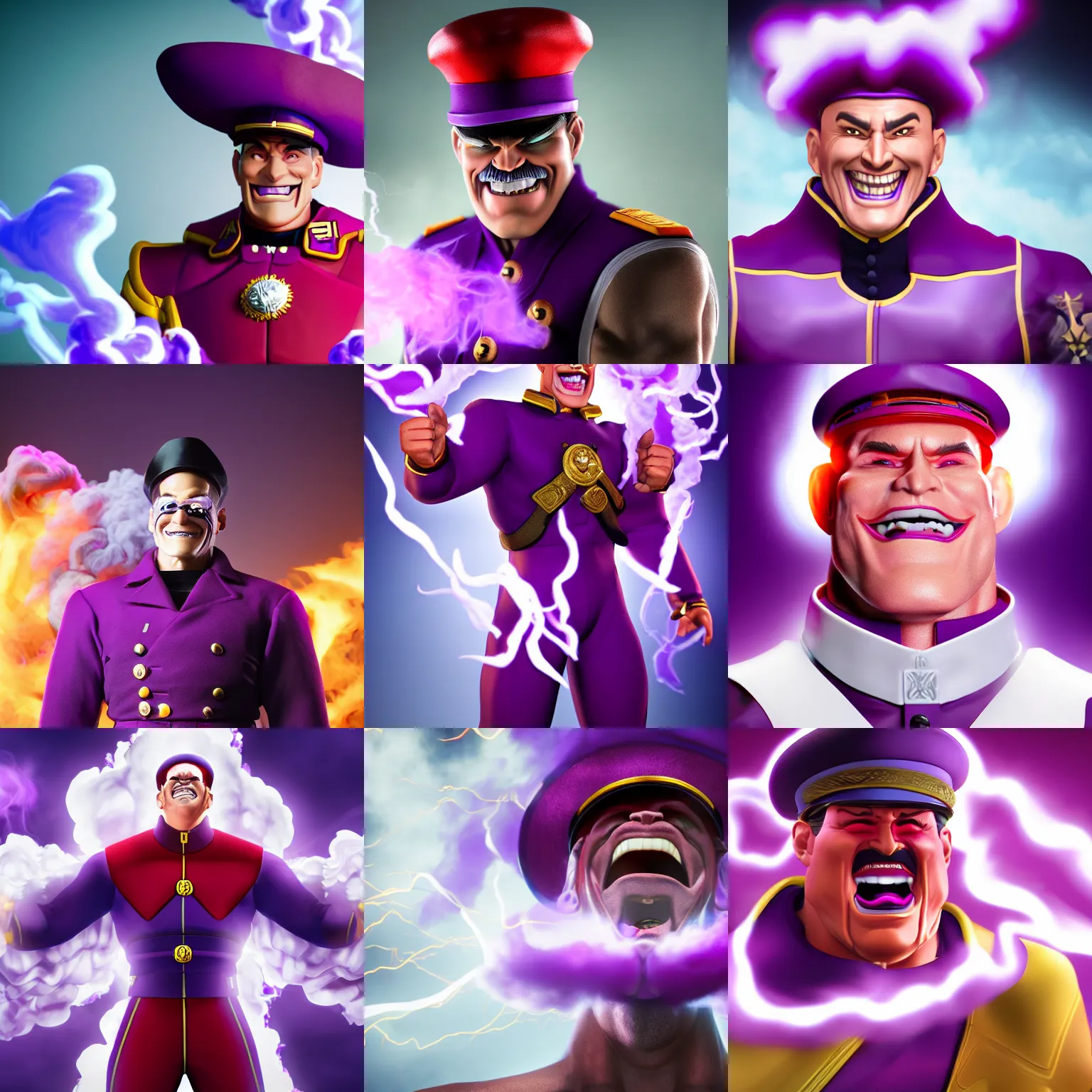Prompt: m. bison, full body, big smile white teeth, surrounded by purple smoke, purple lightning in the background, volumetric light, highly detailed, sharp focus, 8 k