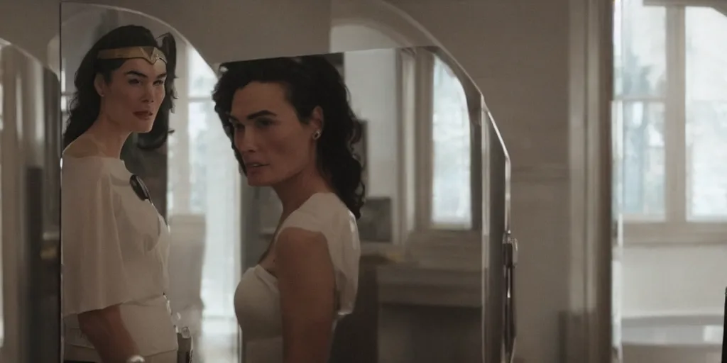 Image similar to ultra wide angle photo of lena headey dressed in a white blouse and black dress pants as diana prince looking at herself in a bathroom mirror and seeing her reflection as wonder woman