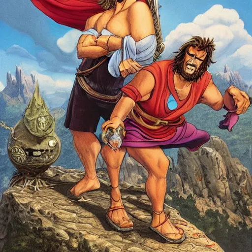 Image similar to groo the wanderer and rufferto in an epic pose on top of a mountain painted by alex ross