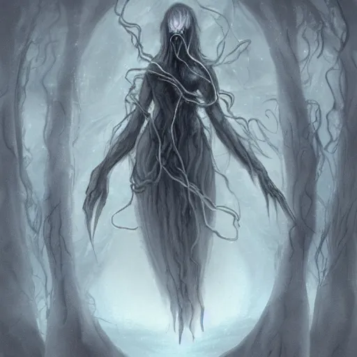 Image similar to concept designs for an ethereal wraith like figure with a squid like parasite latched onto its head and long tentacle arms that flow lazily but gracefully at its sides like a cloak while it floats around a forgotten kingdom in the snow searching for lost souls and that hides amongst the shadows in the trees, this character has hydrokinesis and electrokinesis for the resident evil village video game franchise with inspiration from the franchise Bloodborne and the mind flayer from stranger things on netflix