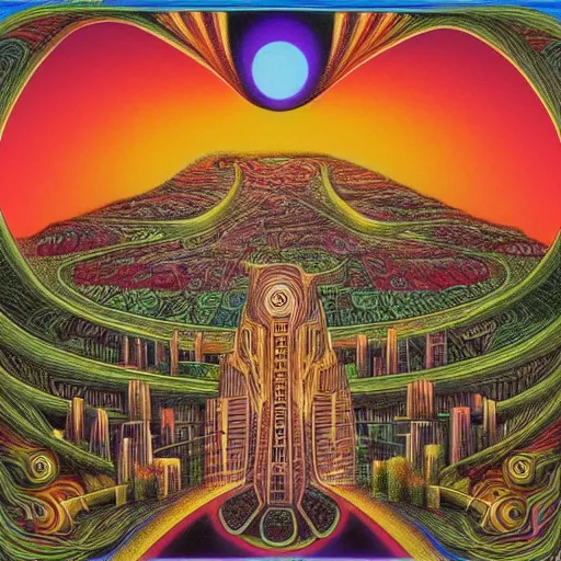 Prompt: city landscape in the style of 1 0, 0 0 0 days album, tool, alex grey