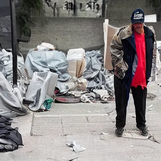 Prompt: homeless Donald Trump in a homeless camp, wearing cheap dirty clothes and maga hat, dirty Donald trump