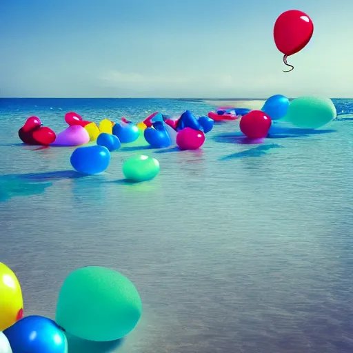 Prompt: a lot of floating birthday balloons. beautiful beach in bretagne. digital art, highly - detailed, artstation cgsociety masterpiece