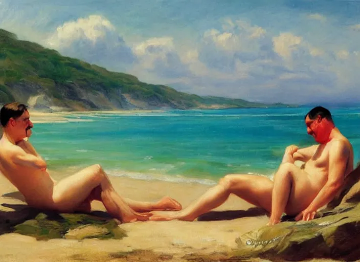 Prompt: adolf hitler sunbathing at an argentinian beach by vladimir volegov and alexander averin and delphin enjolras