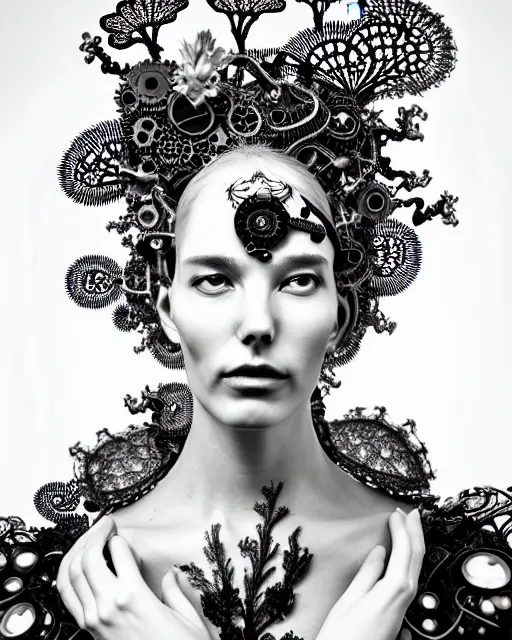 Image similar to surreal black and white photo portrait of complex bio-mechanical beautiful young female vegetal-cyborg with a Mandelbrot fractal metal fine lace face, silver hair, 150 mm lens, soft rim light, fine metal floral foliage super big lace collar by Alexander McQueen, high fashion, haute couture, rococo, steampunk, silver filigree details, anatomical, facial muscles, cable wires, microchip, elegant, hyper realistic, octane render, unreal engine, in the style Dora Maar, volumetric lighting, 8k,