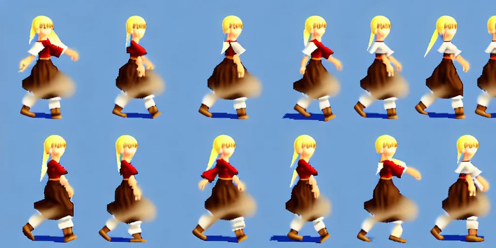 Image similar to 3 d walking cycle sprite sheet of a girl in a peasant clothes, walking to the right, each sprite is a different frame of the animation, in the style of final fantasy games, side view of her taking steps, accurate walk cycle, walk cycle, walk cycle, always wearing the same clothes