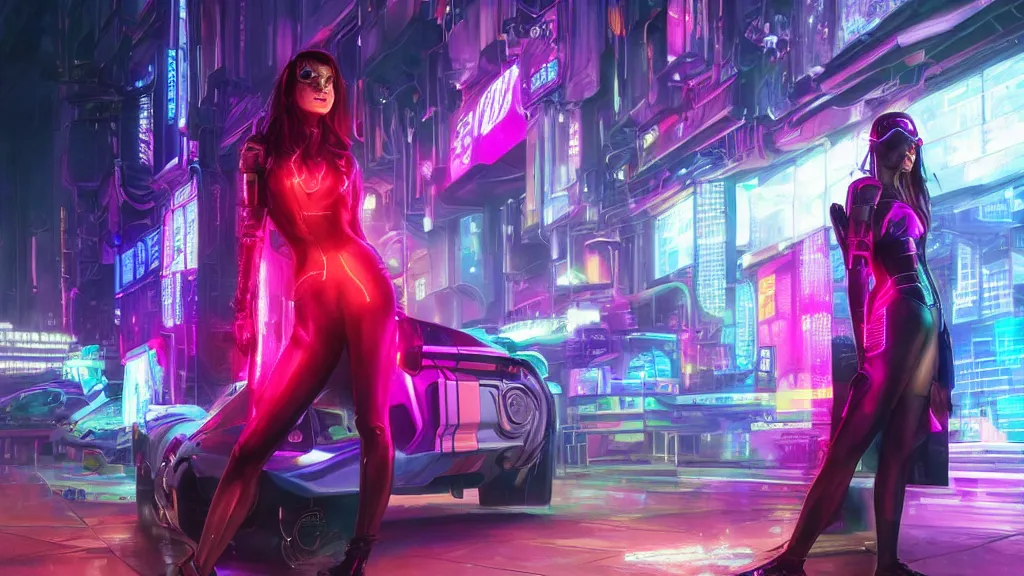 Prompt: a beautiful girl in a cyberpunk costume is standing near ford mustang, neon lights, super realistic, extremely high detail, glowing purple, vibrant red, elegant, highly detailed, digital painting, artstation, concept art, smooth, sharp focus, illustration, art by artgerm and greg rutkowski and alphonse mucha and andrei riabovitchev