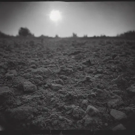 Image similar to a bright light covering the sky, dirt ground, dust, taken on a ww 2 camera, very high bloom ammount, realistic.